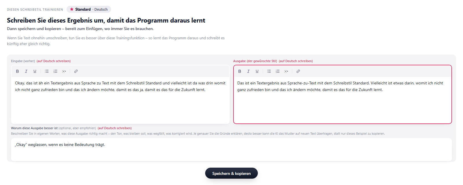 Das Lehr-Panel mit dem ursprünglichen Ergebnis, der umgeschriebenen Fassung und einer Notiz zur Änderung.