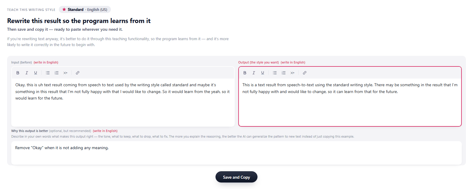 The teaching panel with the original result, the rewritten version and a note explaining the change.